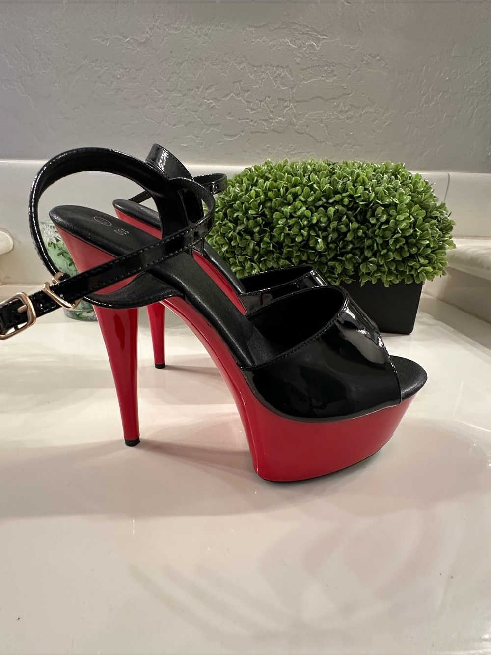 Black Patent Leather Ankle-Strap Platform Sandals with Red Platform